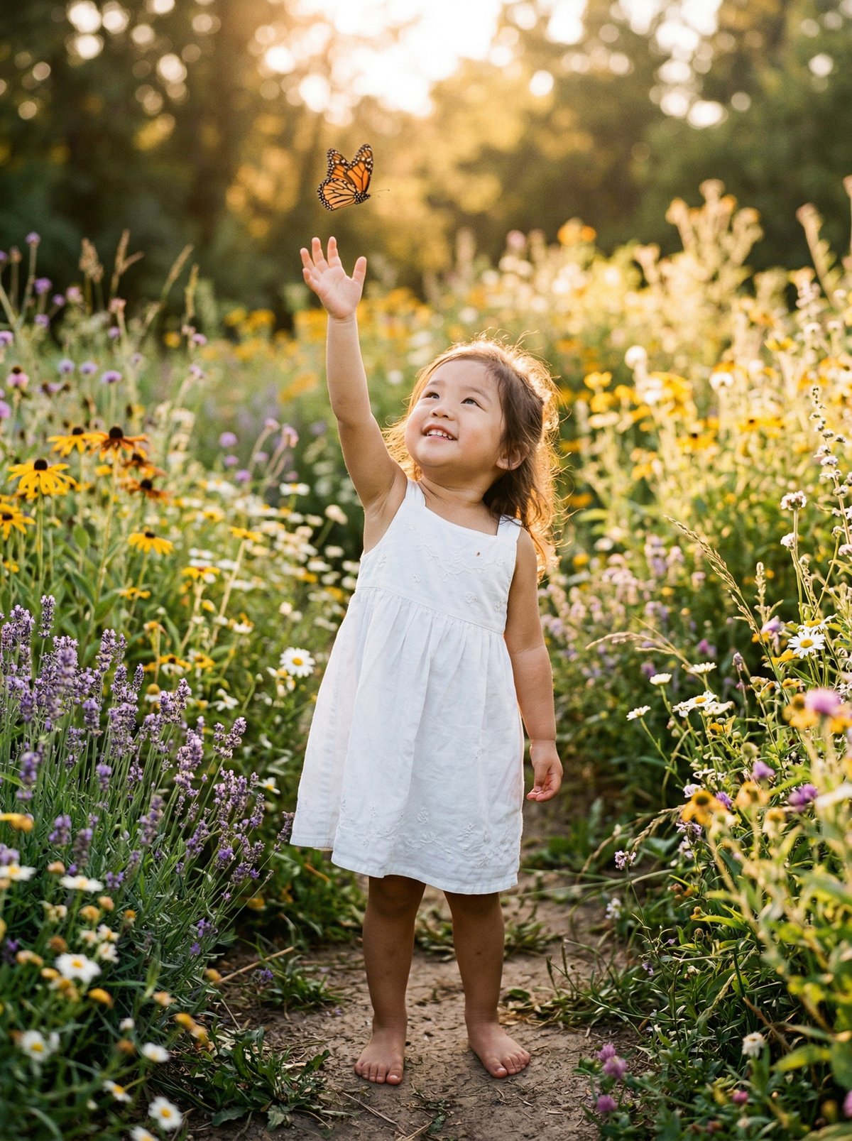 Lily in the garden reaching for butterflies