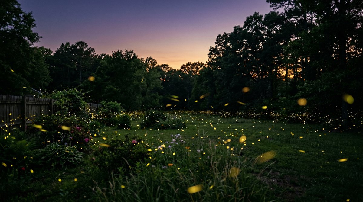 Fireflies in the backyard at dusk