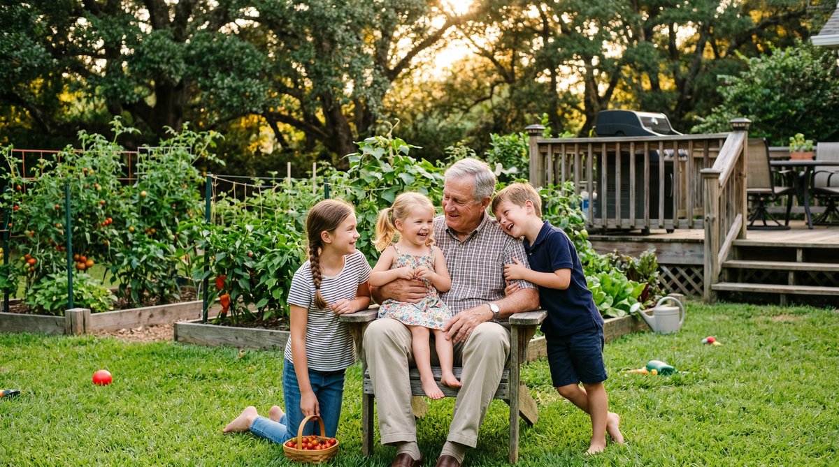 Papa Bobby with grandchildren in backyard garden