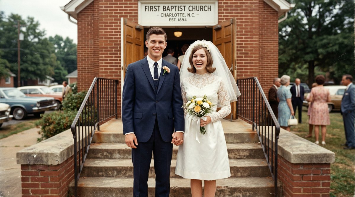 Bobby and Linda, wedding day, Hickory Grove Baptist Church, 1971