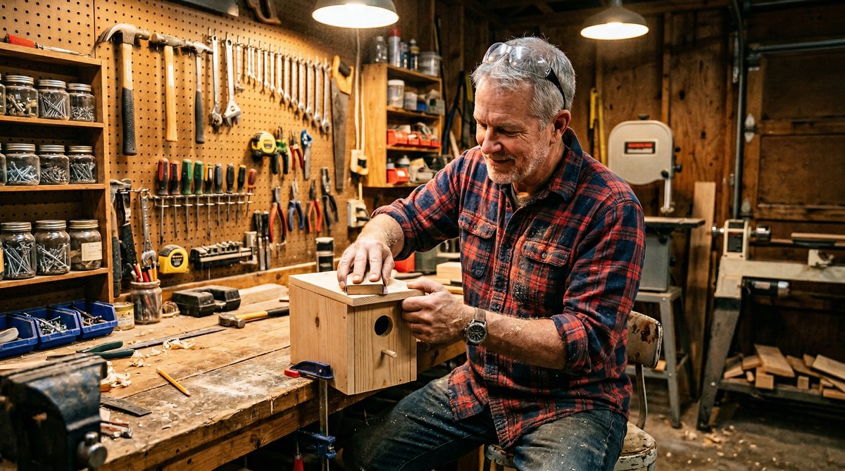 Bobby building a birdhouse in his workshop