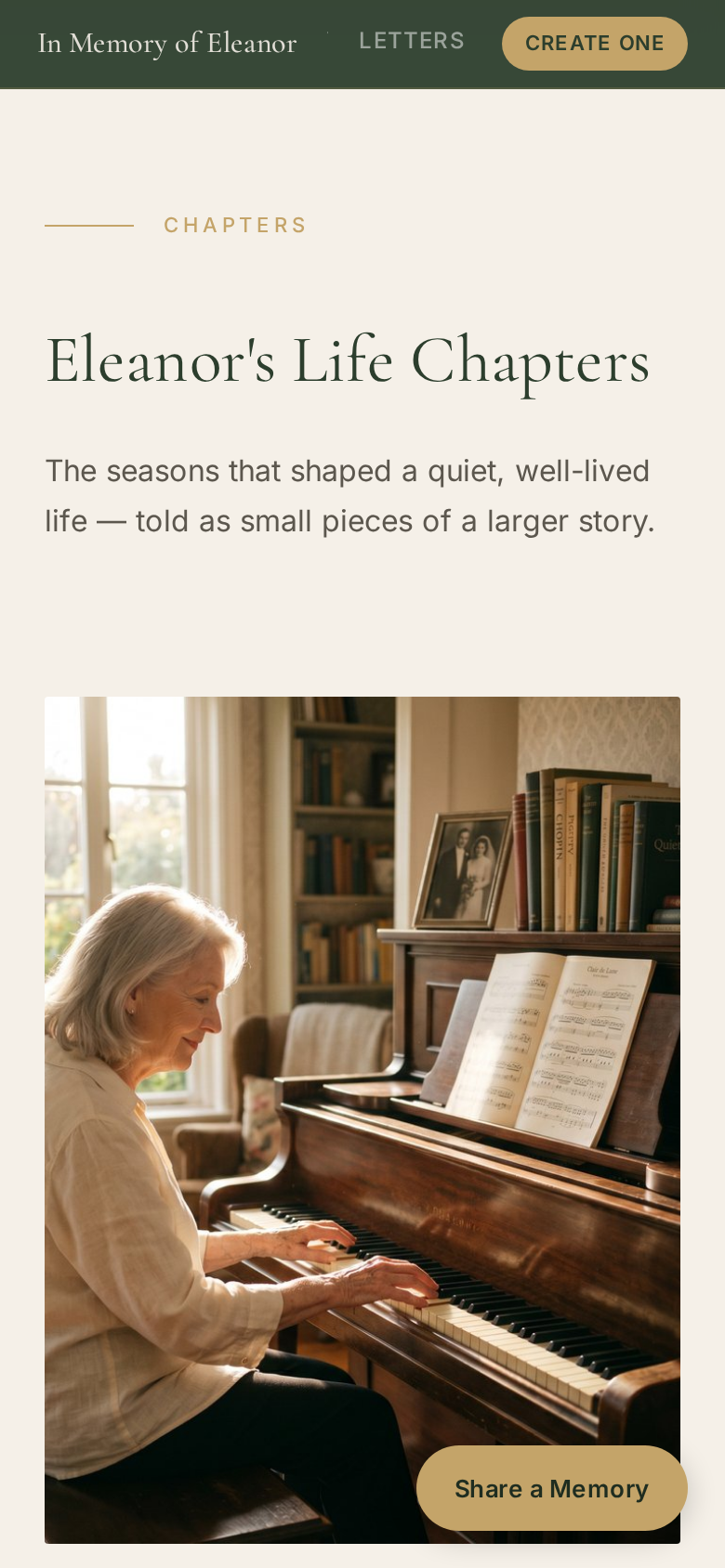 Life Chapters page from a memorial
