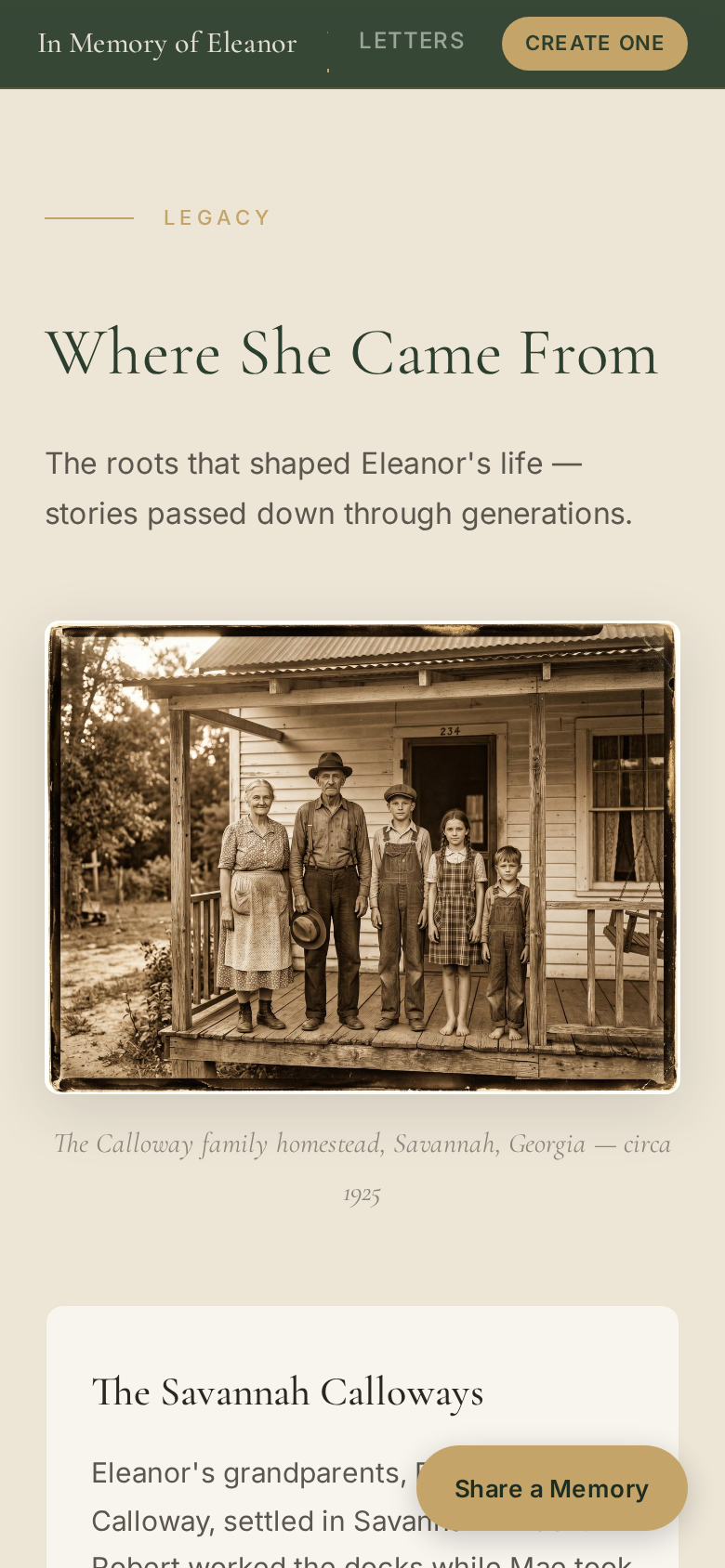 Family history page on a memorial