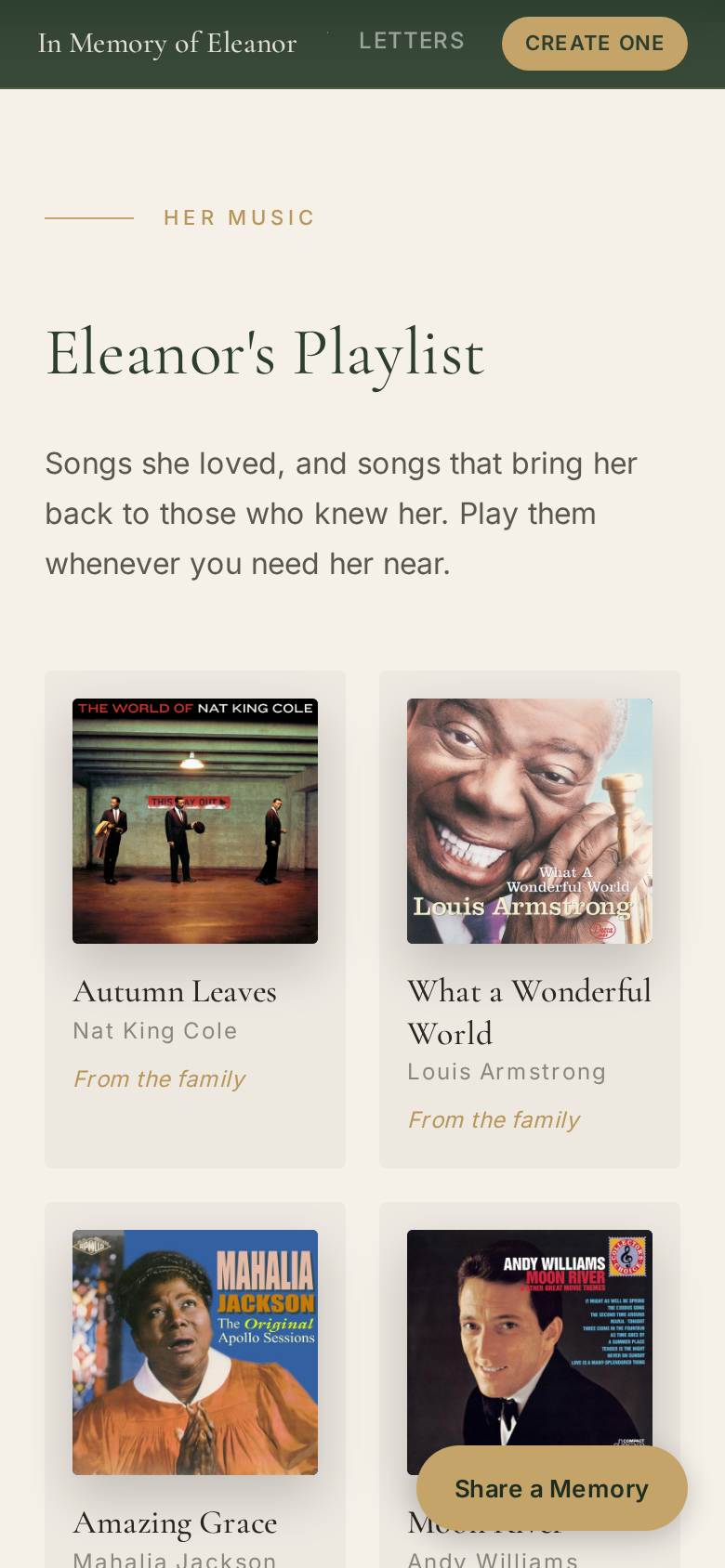 Memorial playlist with real album art