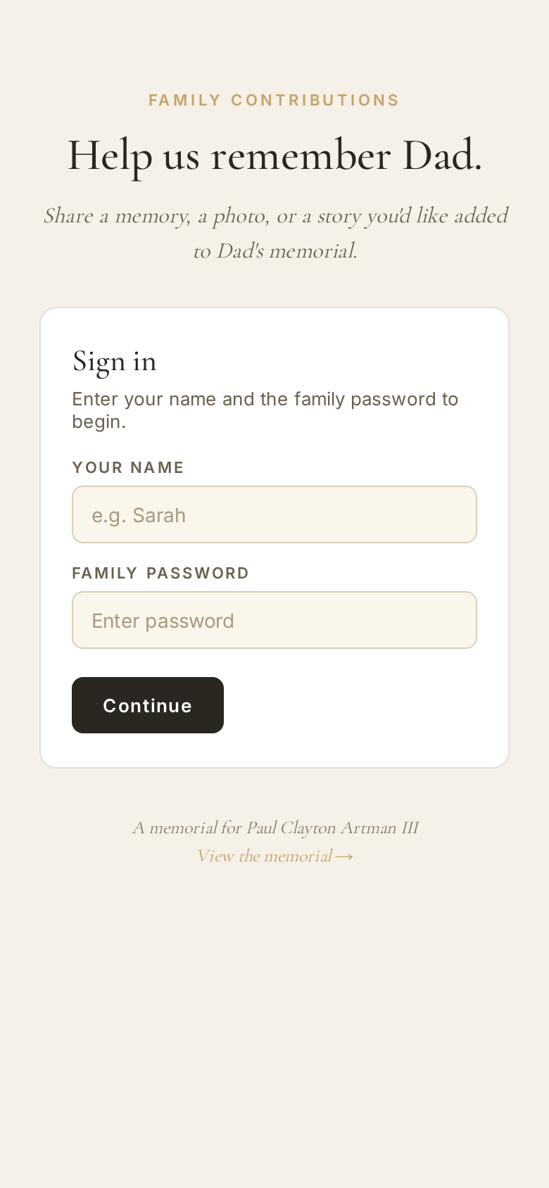 A simple sign-in screen for family contributors with name and password fields.