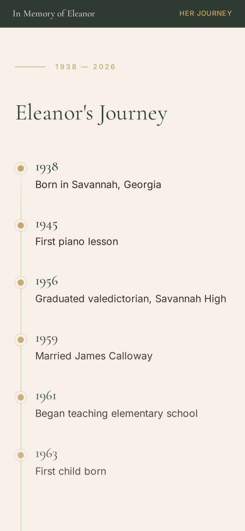 Life chapters section showing photos and stories from different periods of a life.