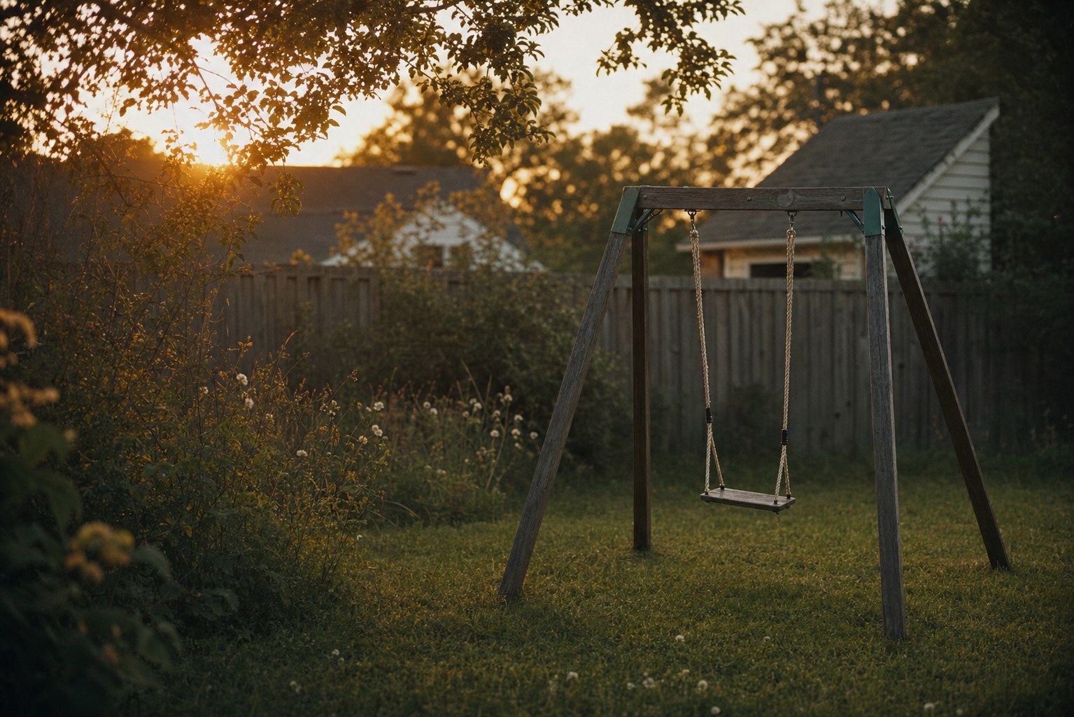 A quiet backyard with an empty swing at golden hour