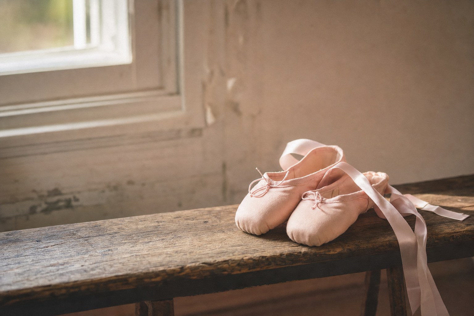 A small pair of pink ballet slippers resting on a wooden bench near a window