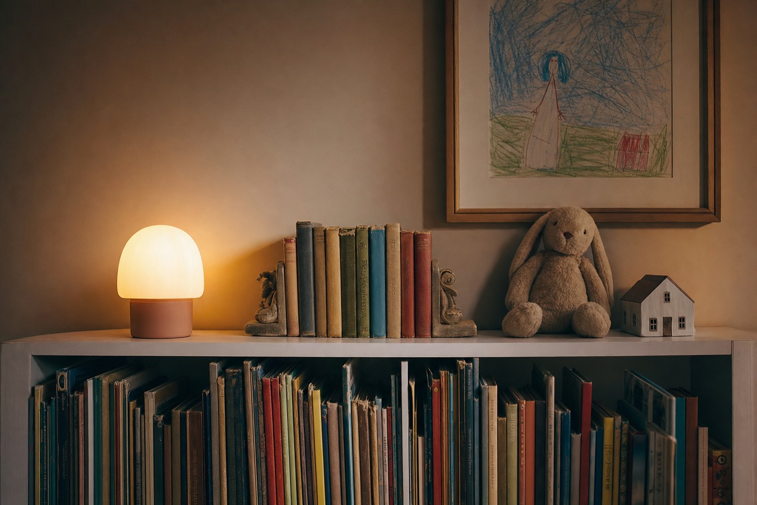 A childs bedroom bookshelf with picture books, a warm nightlight lamp, and a framed crayon drawing on the wall