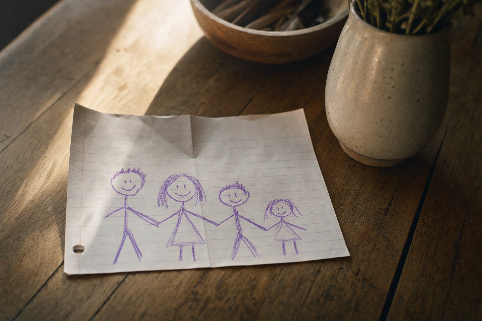 A childs crayon drawing of a family of four stick figures on lined paper on a wooden table