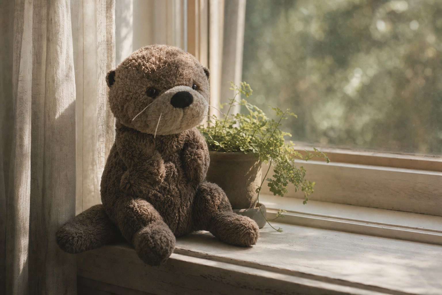 A well-loved plush sea otter sitting on a windowsill next to a small potted fern