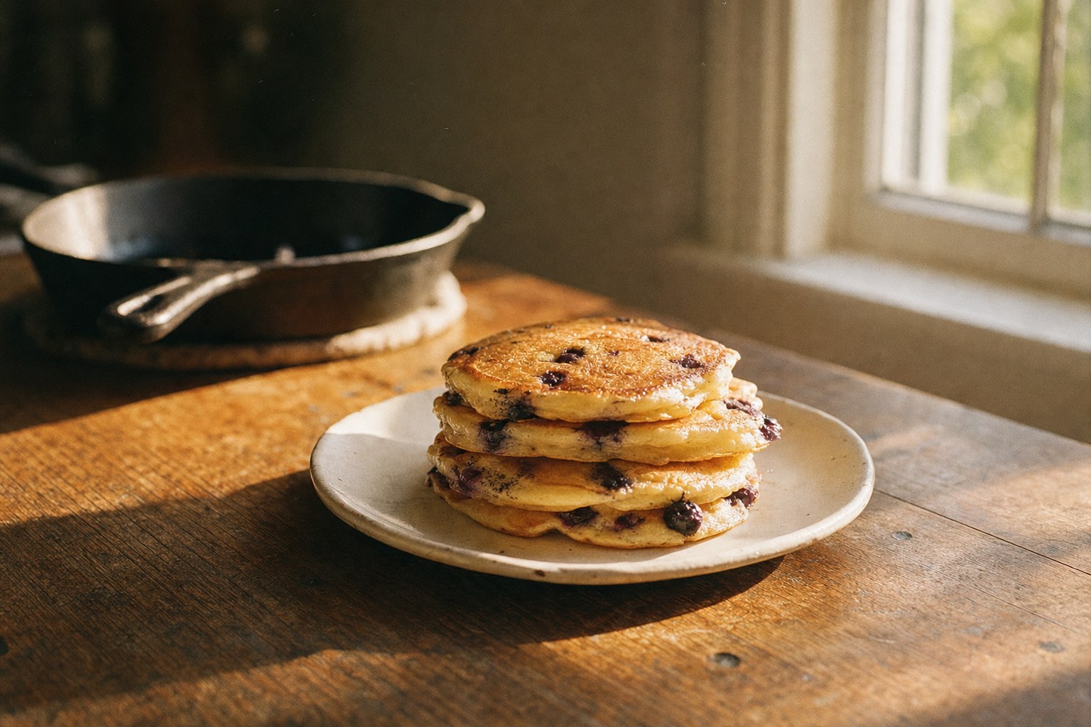 A stack of blueberry pancakes on a plate on a wooden table with morning light