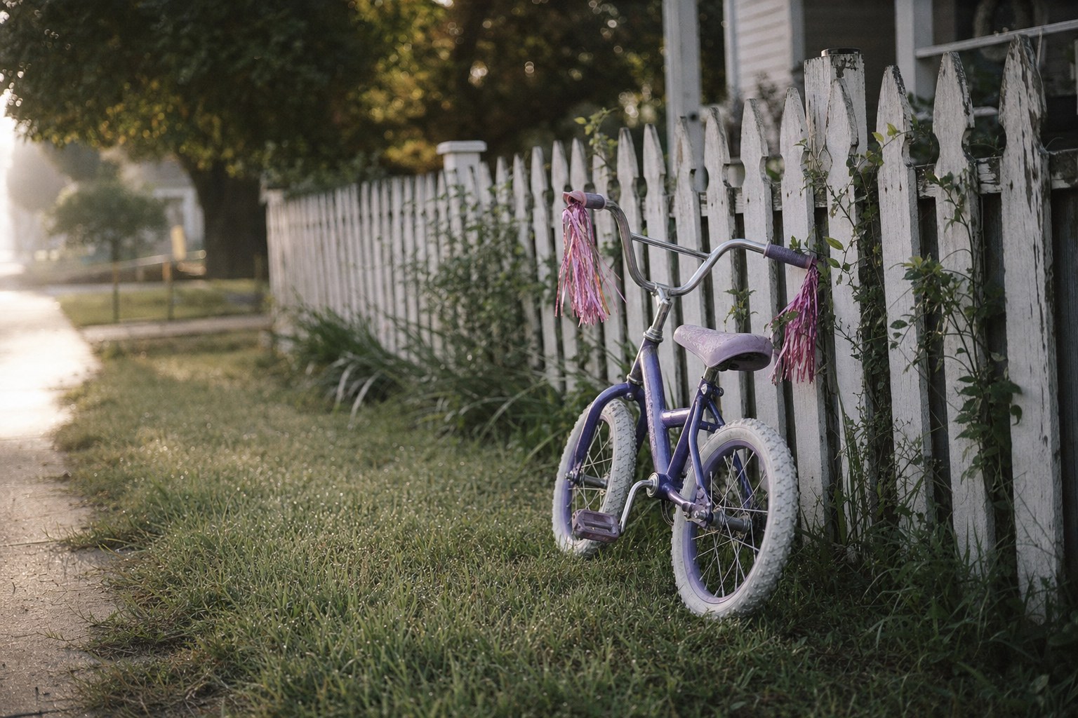 A purple childs bike with pink streamers leaning against a white picket fence