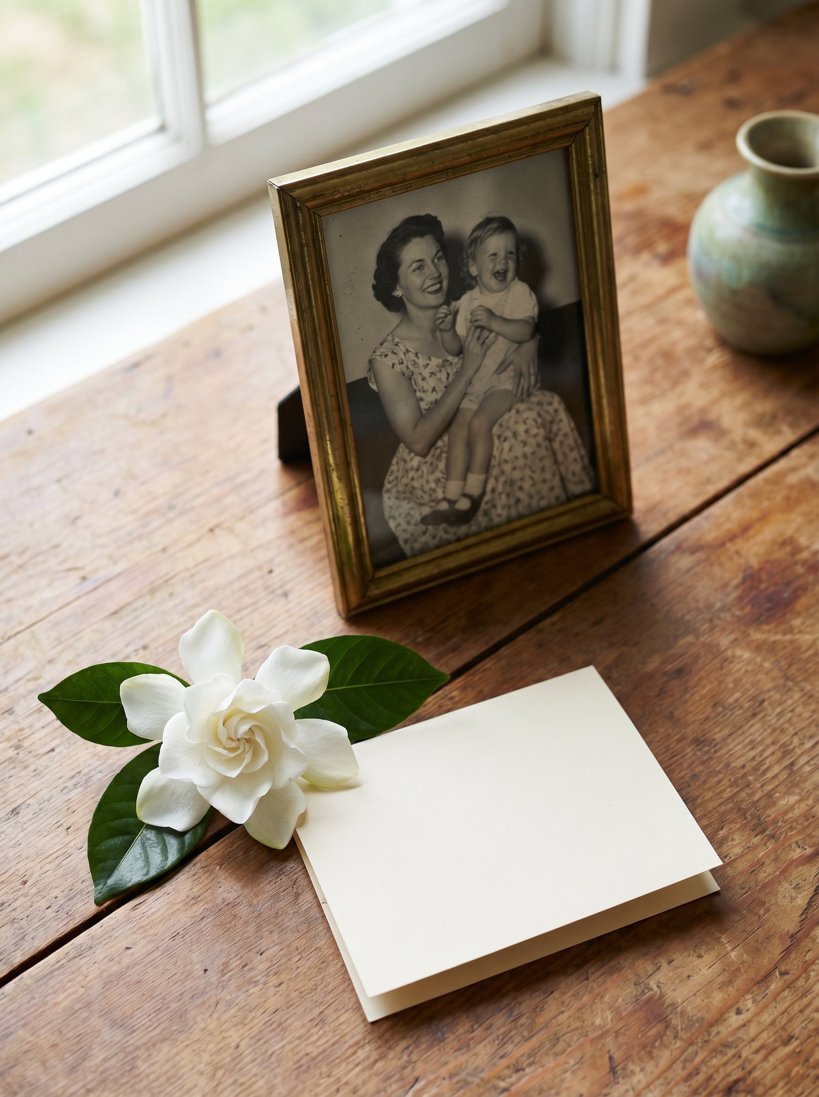 A vintage framed photograph of a mother holding her young child, with a single white gardenia and a folded card on a sunlit wooden table.