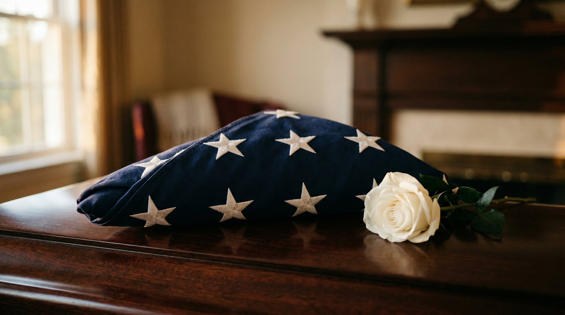 Folded American flag with a white rose